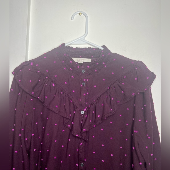 Loft Women’s Prairie Ruffle Yoke Long Sleeve Button Down Top Plum SzM - Picture 10 of 15